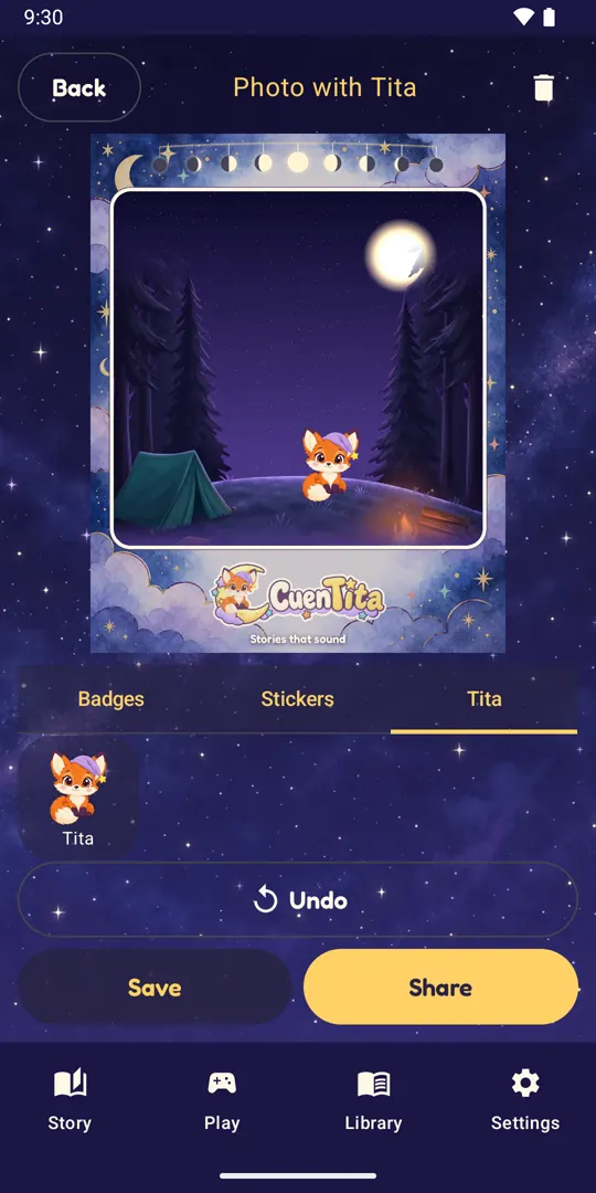Photo with Tita: a campfire under the moon decorated with Tita, the moon garland and the CuenTita logo