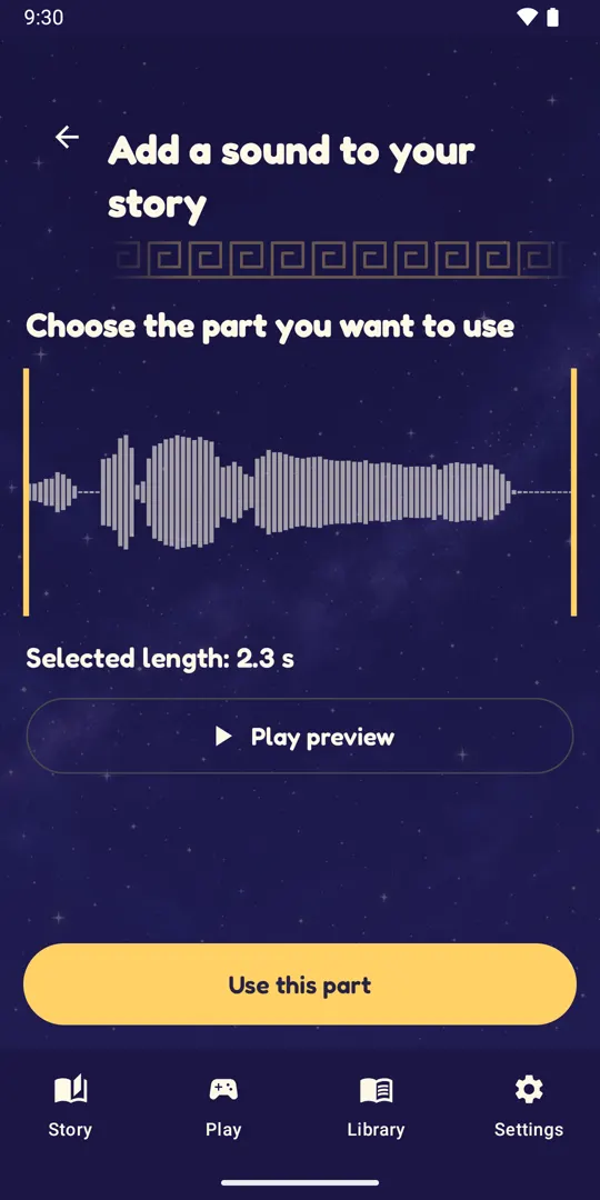 Add a sound: an audio waveform with a 2.3-second part selected and the Use this part button